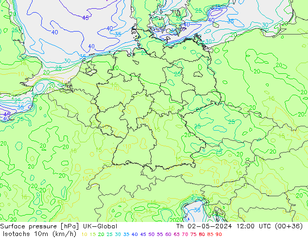 Isotachs (kph) UK-Global чт 02.05.2024 12 UTC