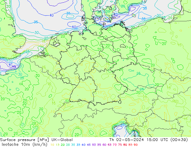 Isotachs (kph) UK-Global Čt 02.05.2024 15 UTC