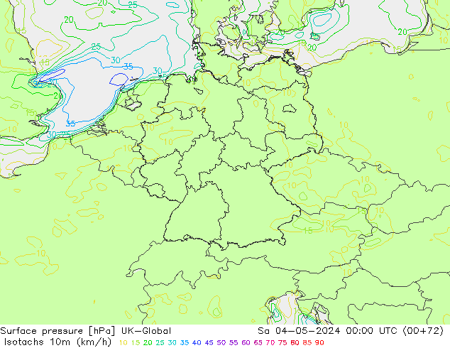 Izotacha (km/godz) UK-Global so. 04.05.2024 00 UTC