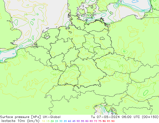 Isotachen (km/h) UK-Global di 07.05.2024 06 UTC