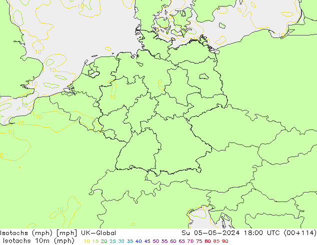 Isotachen (mph) UK-Global zo 05.05.2024 18 UTC
