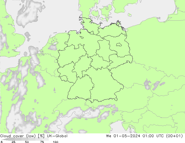 Cloud cover (low) UK-Global We 01.05.2024 01 UTC