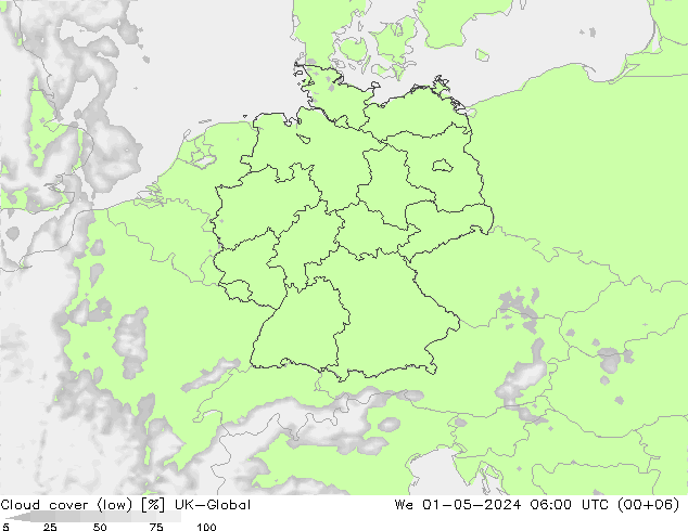 Cloud cover (low) UK-Global We 01.05.2024 06 UTC