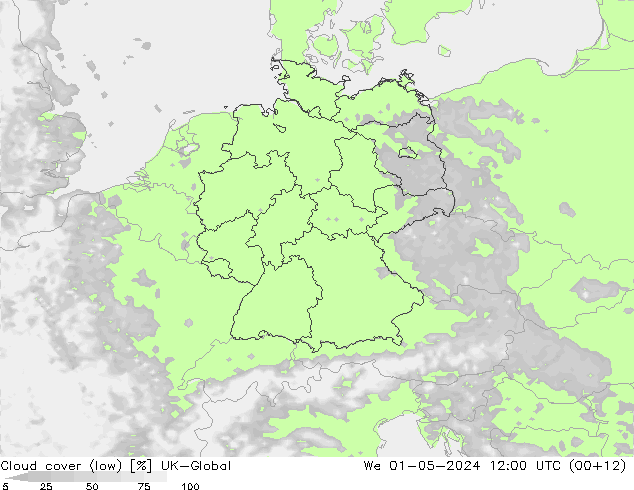 Cloud cover (low) UK-Global We 01.05.2024 12 UTC