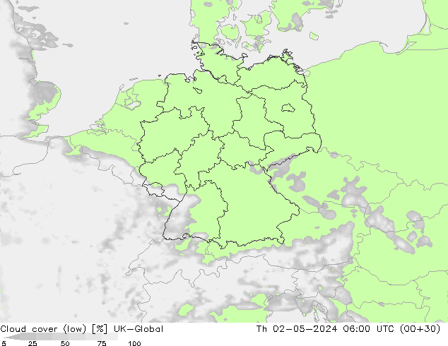 Cloud cover (low) UK-Global Th 02.05.2024 06 UTC