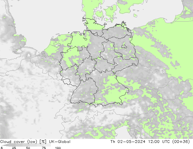 Cloud cover (low) UK-Global Th 02.05.2024 12 UTC