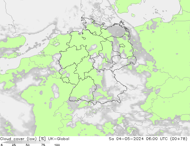 zachmurzenie (niskie) UK-Global so. 04.05.2024 06 UTC