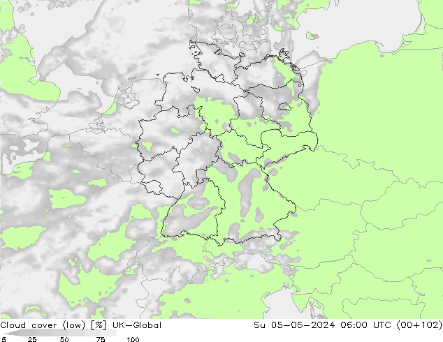 Cloud cover (low) UK-Global Su 05.05.2024 06 UTC