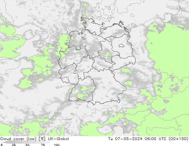 Cloud cover (low) UK-Global Tu 07.05.2024 06 UTC