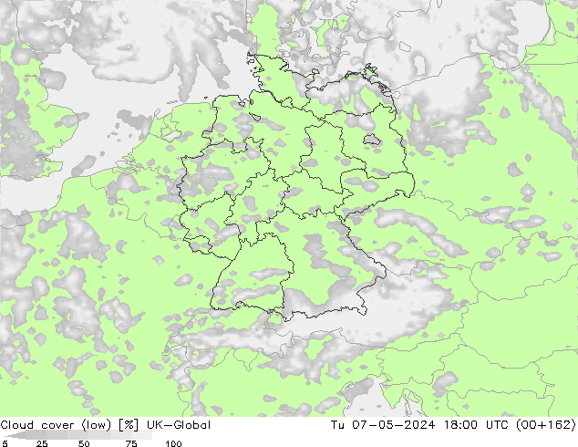 Cloud cover (low) UK-Global Tu 07.05.2024 18 UTC