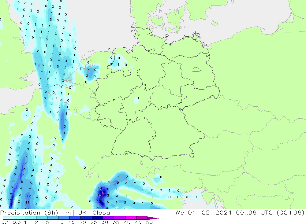 Precipitation (6h) UK-Global St 01.05.2024 06 UTC