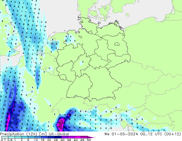 Precipitation (12h) UK-Global We 01.05.2024 12 UTC
