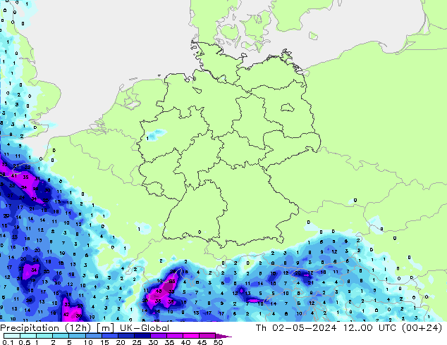 Precipitazione (12h) UK-Global gio 02.05.2024 00 UTC