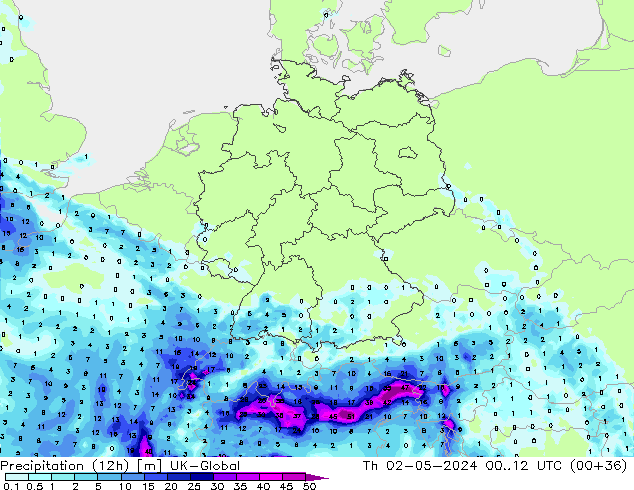 Precipitazione (12h) UK-Global gio 02.05.2024 12 UTC