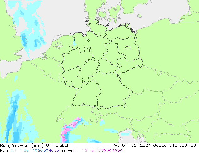 Rain/Snowfall UK-Global ср 01.05.2024 06 UTC