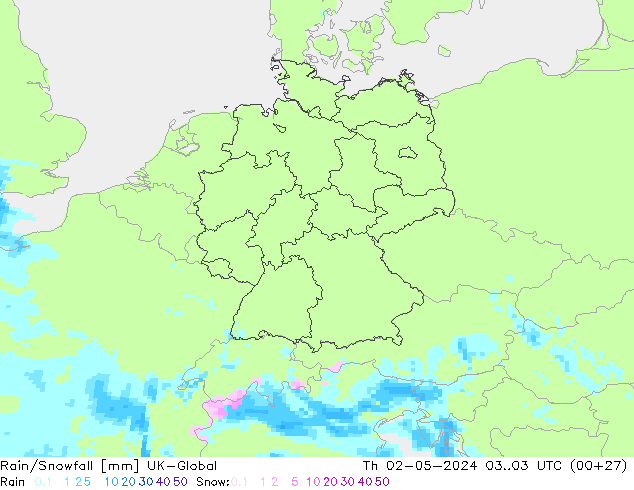 Rain/Snowfall UK-Global Qui 02.05.2024 03 UTC