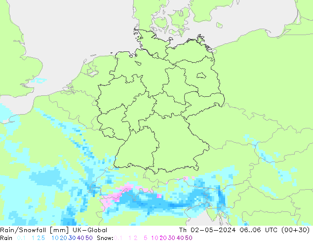 Rain/Snowfall UK-Global Th 02.05.2024 06 UTC