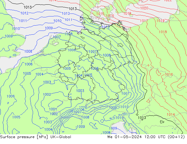 Pressione al suolo UK-Global mer 01.05.2024 12 UTC