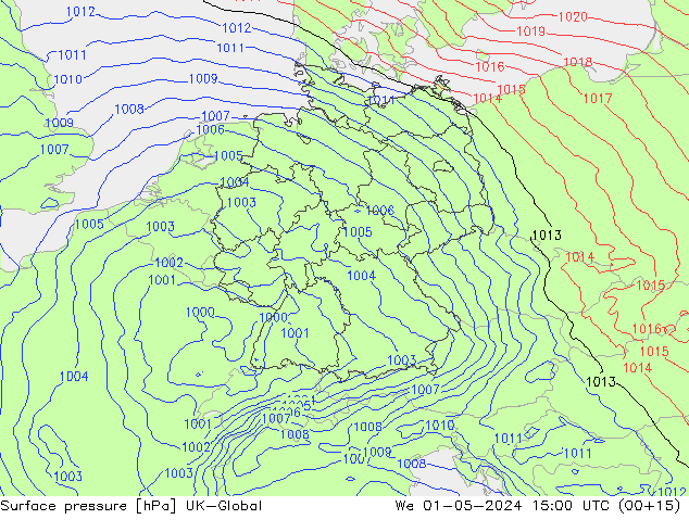 Pressione al suolo UK-Global mer 01.05.2024 15 UTC