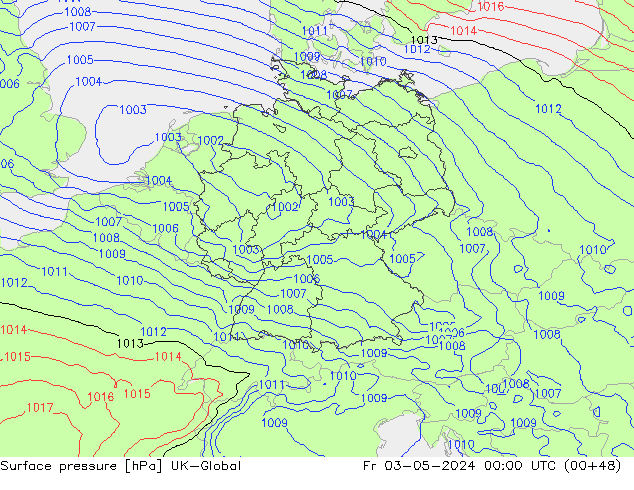 Pressione al suolo UK-Global ven 03.05.2024 00 UTC