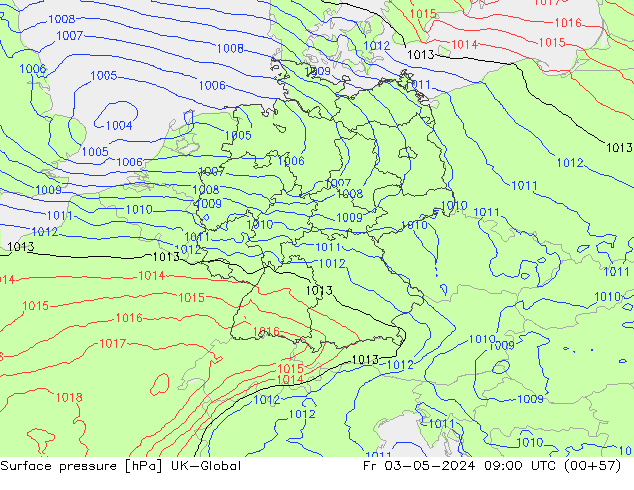 Presión superficial UK-Global vie 03.05.2024 09 UTC