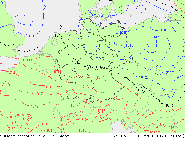 Surface pressure UK-Global Tu 07.05.2024 06 UTC