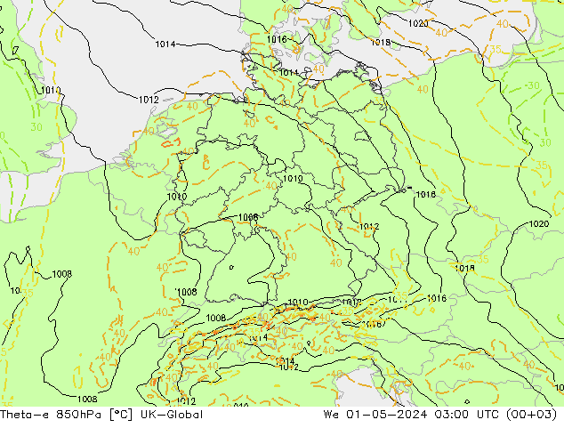Theta-e 850hPa UK-Global wo 01.05.2024 03 UTC