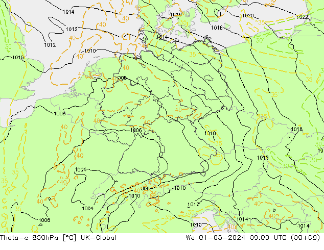 Theta-e 850hPa UK-Global St 01.05.2024 09 UTC