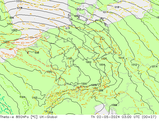 Theta-e 850hPa UK-Global gio 02.05.2024 03 UTC