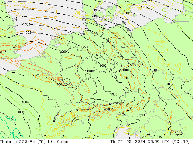 Theta-e 850hPa UK-Global do 02.05.2024 06 UTC