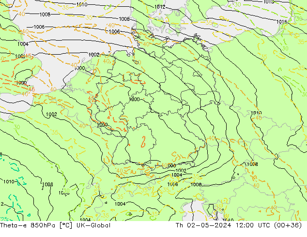 Theta-e 850hPa UK-Global Th 02.05.2024 12 UTC