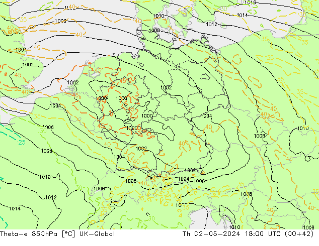 Theta-e 850hPa UK-Global jue 02.05.2024 18 UTC