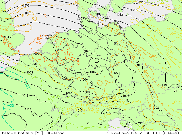 Theta-e 850hPa UK-Global Čt 02.05.2024 21 UTC