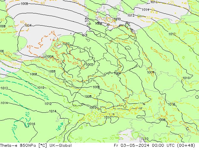 Theta-e 850hPa UK-Global Fr 03.05.2024 00 UTC