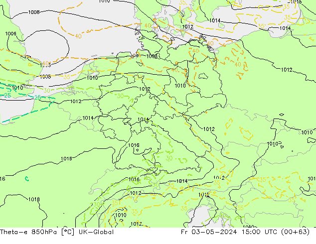 Theta-e 850hPa UK-Global Fr 03.05.2024 15 UTC