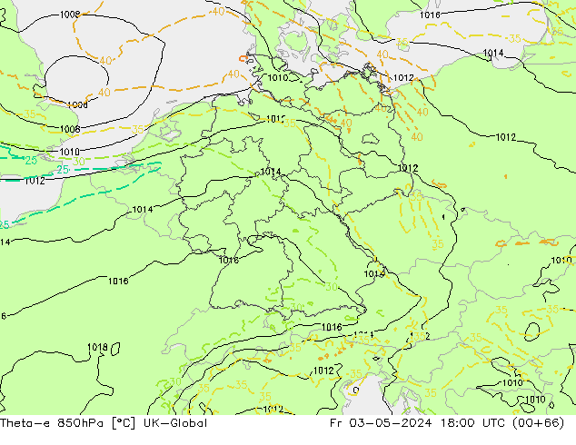 Theta-e 850hPa UK-Global Fr 03.05.2024 18 UTC