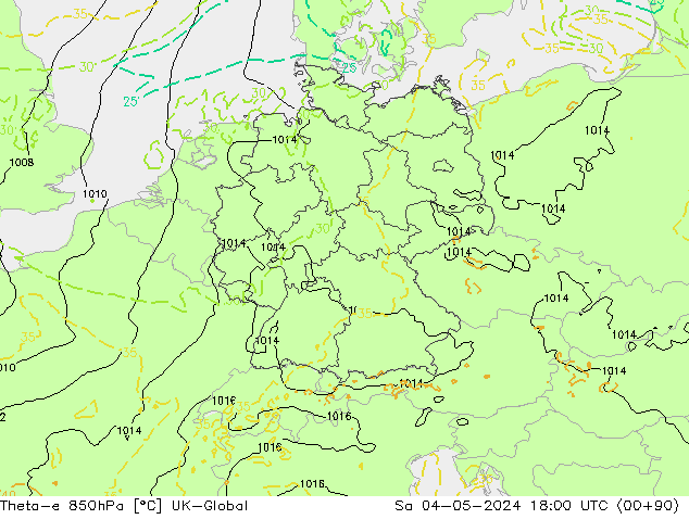 Theta-e 850гПа UK-Global сб 04.05.2024 18 UTC