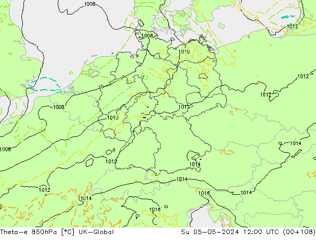 Theta-e 850hPa UK-Global nie. 05.05.2024 12 UTC