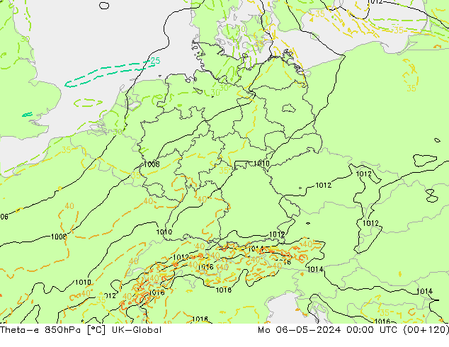 Theta-e 850гПа UK-Global пн 06.05.2024 00 UTC