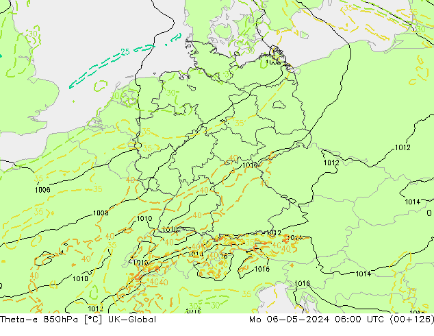 Theta-e 850hPa UK-Global Po 06.05.2024 06 UTC