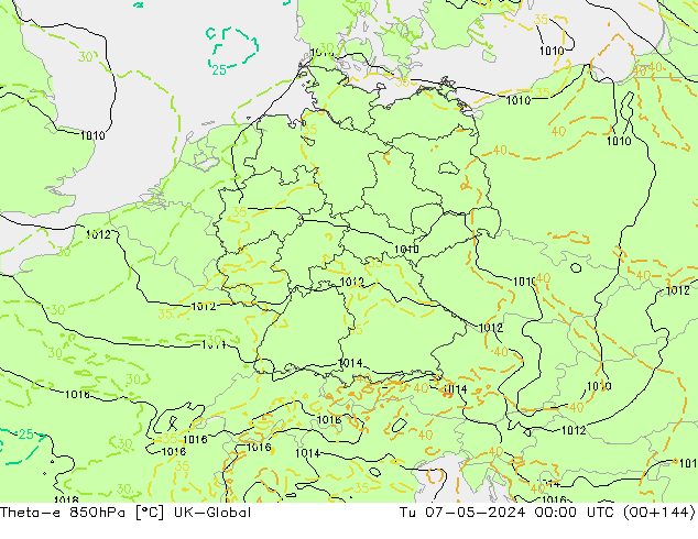 Theta-e 850hPa UK-Global Tu 07.05.2024 00 UTC