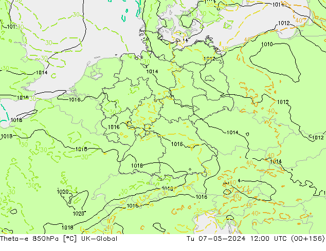 Theta-e 850hPa UK-Global Út 07.05.2024 12 UTC