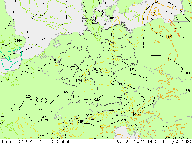 Theta-e 850hPa UK-Global di 07.05.2024 18 UTC