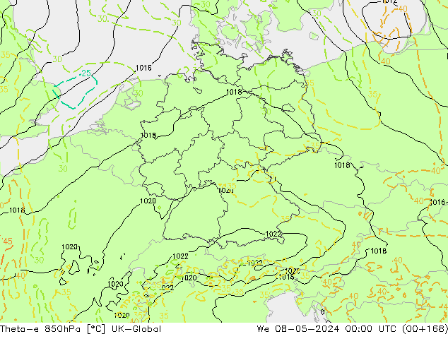 Theta-e 850hPa UK-Global wo 08.05.2024 00 UTC