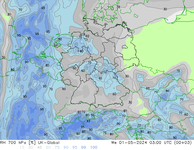 Humedad rel. 700hPa UK-Global mié 01.05.2024 03 UTC