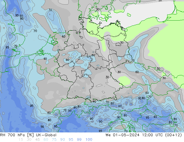 Humidité rel. 700 hPa UK-Global mer 01.05.2024 12 UTC