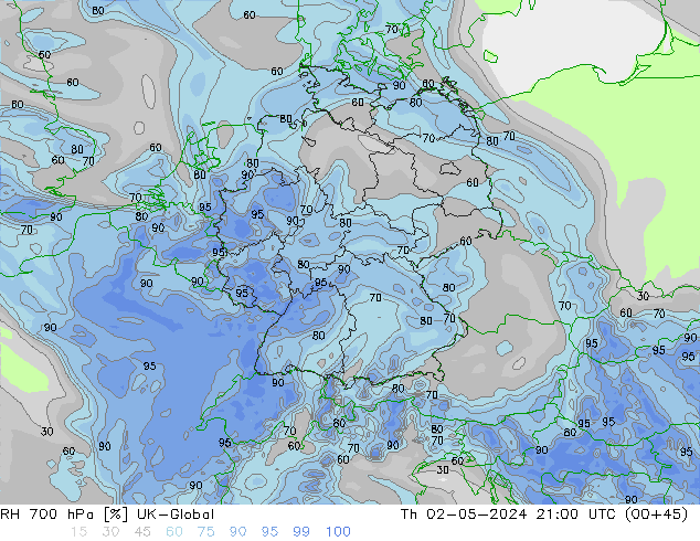 RH 700 hPa UK-Global czw. 02.05.2024 21 UTC