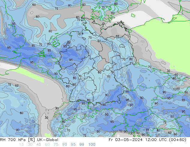 Humedad rel. 700hPa UK-Global vie 03.05.2024 12 UTC