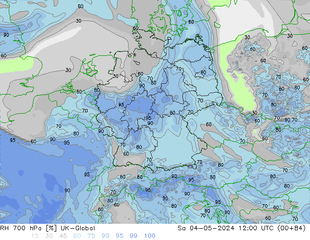 Humedad rel. 700hPa UK-Global sáb 04.05.2024 12 UTC