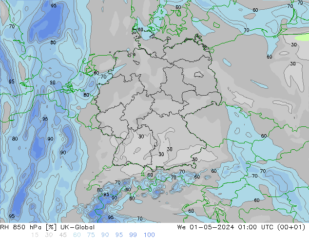 RH 850 hPa UK-Global śro. 01.05.2024 01 UTC